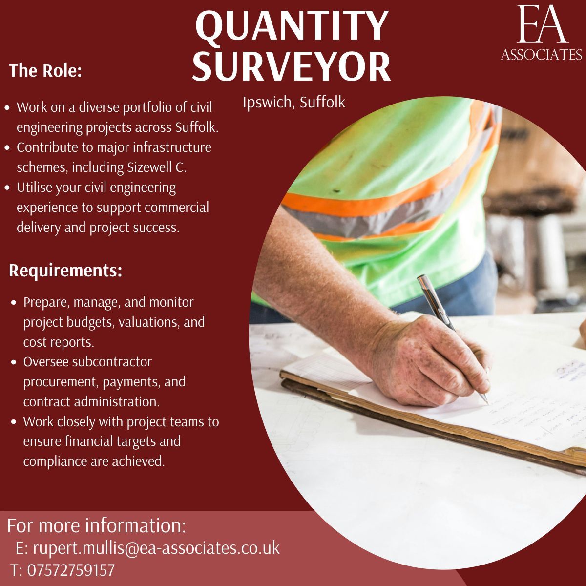 Fantastic new job for a Quantity Surveyor in Ipswich. 

For more information, contact: rupert.mullis@ea-associates.co.uk, 07572 759157