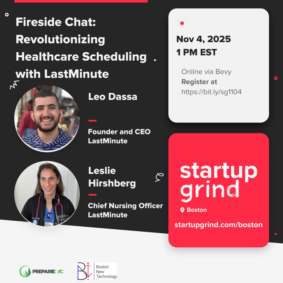 On November 4th- Join us for an inspiring fireside chat with Leo Dassa, CEO of LastMinute, and Leslie Hirshberg, CNO - BSN, RN, DNP-S of LastMinute, as we explore how this groundbreaking company is transforming the healthcare scheduling landscape.

startupgrind.com/events/details…