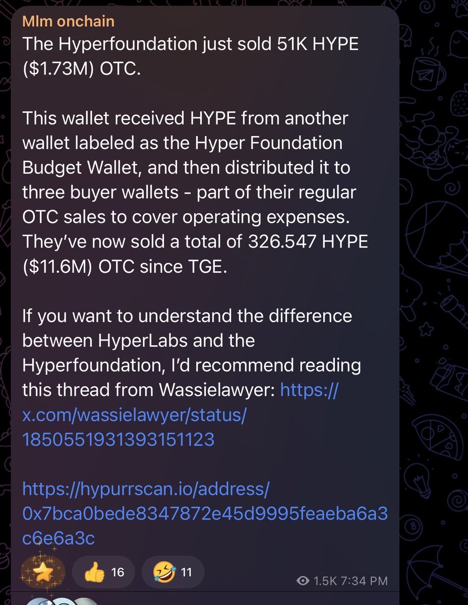 vasuxbt's tweet photo. Hyperfoundation sold 51K HYPE ($1.73M) OTC for operating expenses

Total $11.6M sold since hyperliquid TGE | source: @mlmabc https://t.co/qZDsT8YZFJ