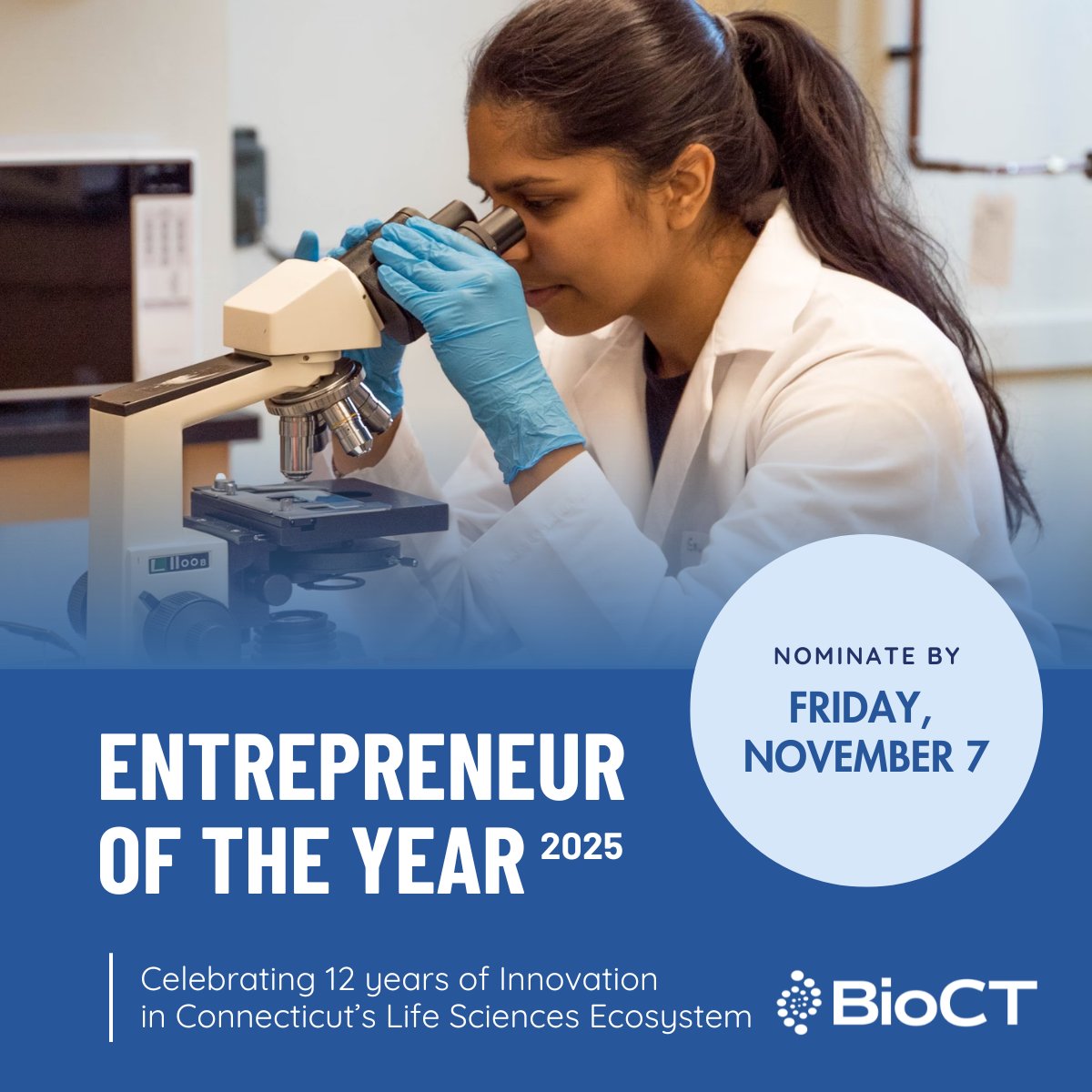 📣Nominations are open for @BioCT’s 2025 Entrepreneur of the Year! Recognize visionary #lifescience leaders driving innovation &amp; impact in CT.

Nominate here by 11/7: bit.ly/4q4hM5D

#Innovation #STEM