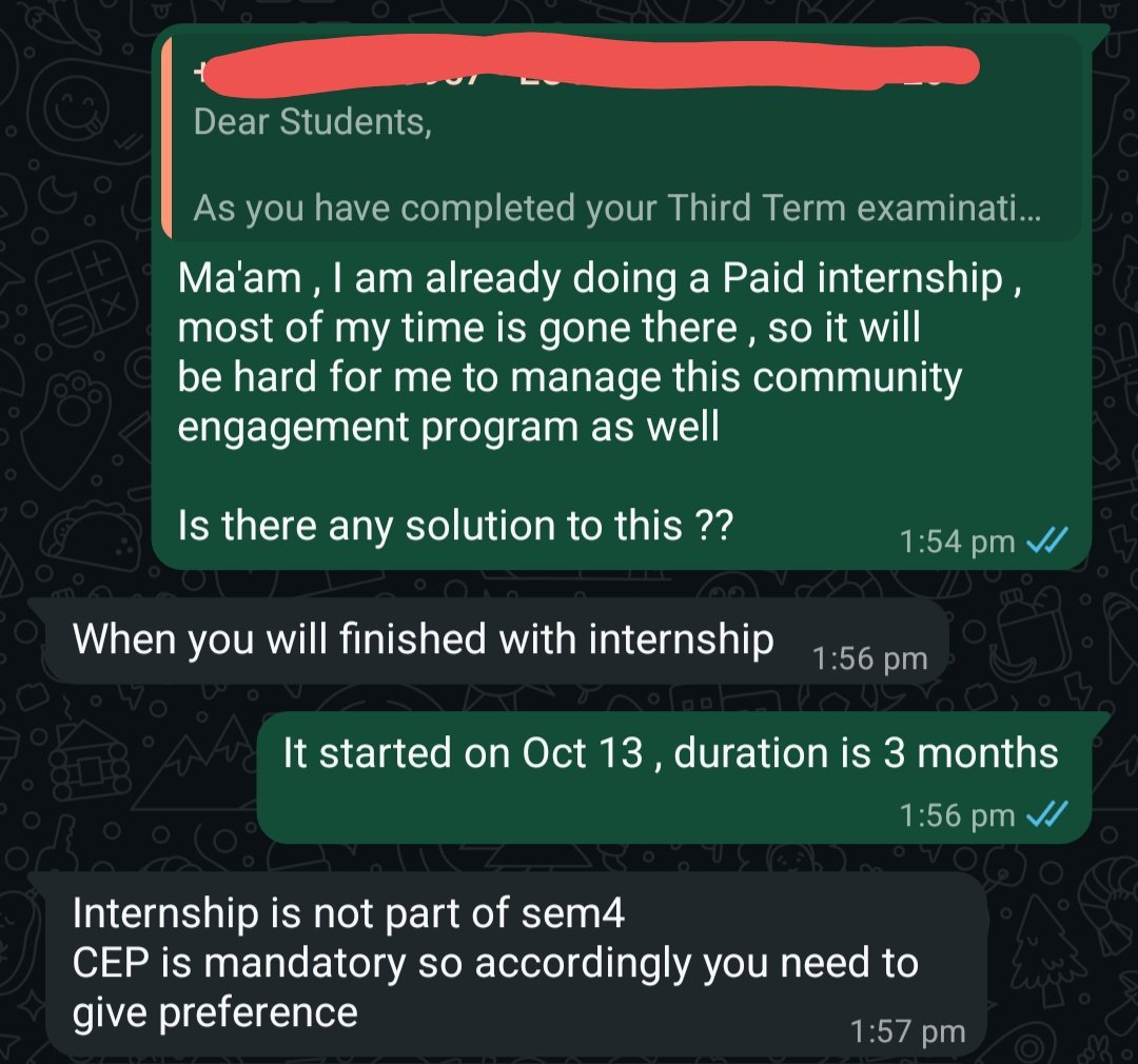 FrontendDoc's tweet image. Our college is making us do mandatory free labour for some NGO for 120hrs (designing,web dev , mobile dev etc)
🌞but since I am already doing an internship I asked my CS HOD if there is some solution to this and her reply is :
#Internship #WebDevelopment #SoftwareEngineering