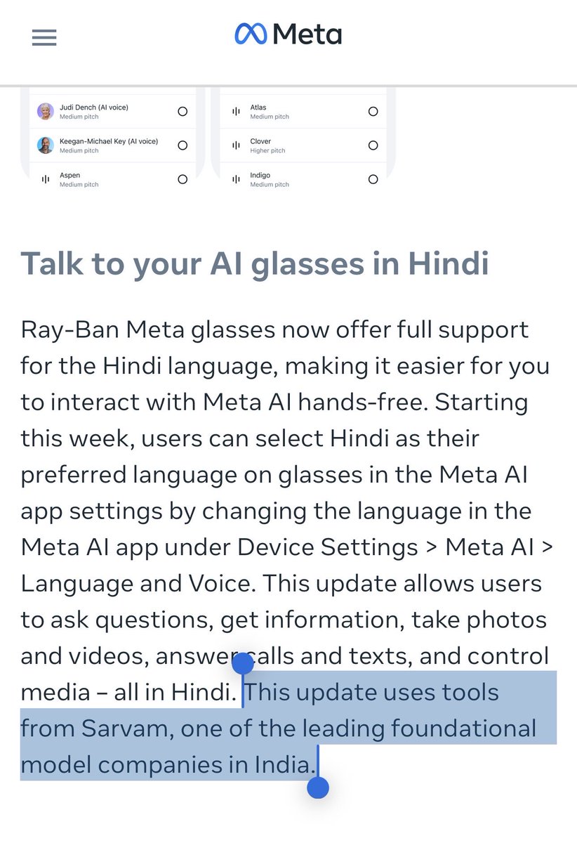 Sarvam models coming to meta glasses