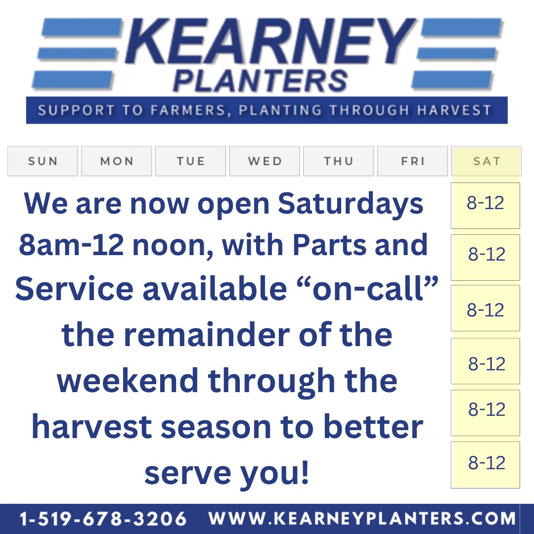 @kearneyplanters We are open Saturday’s 8-12, as well as after hours and weekends for emergency on call to keep you up &amp; running during harvest! 519-678-3206
