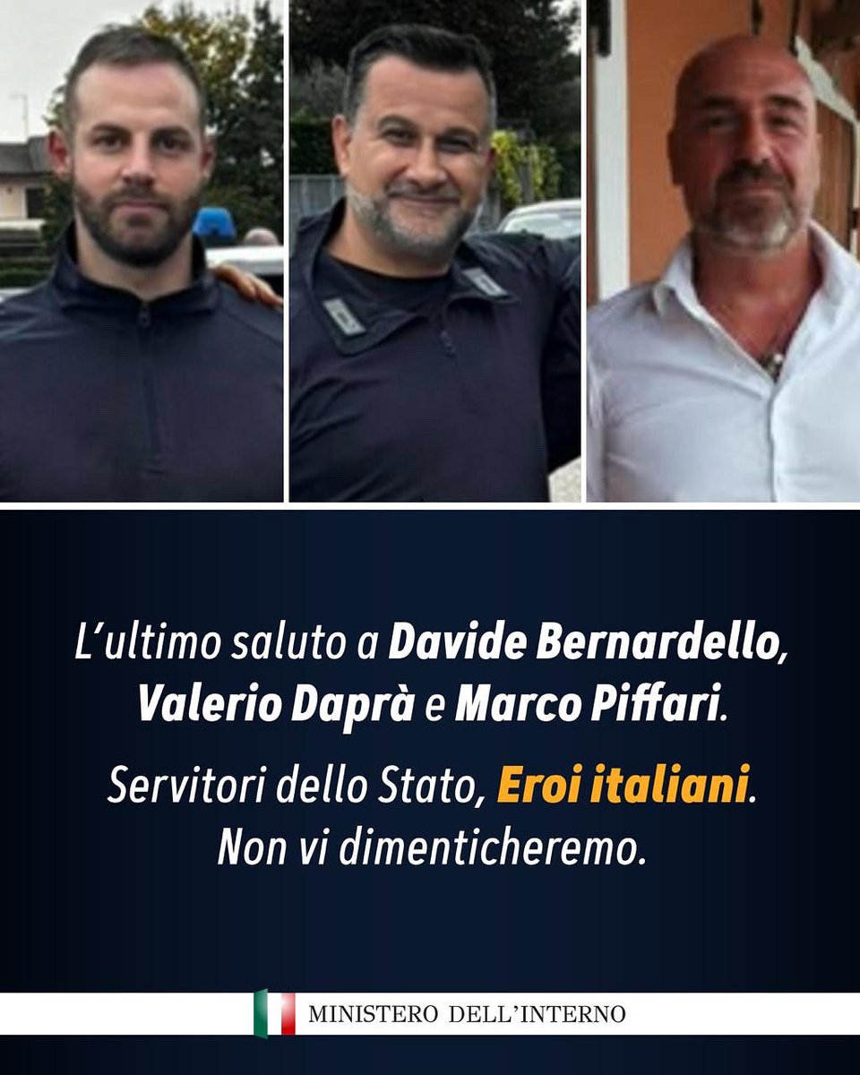 A Padova per l’ultimo saluto a Davide Bernardello, Valerio Daprà e Marco Piffari. In questo momento di profondo dolore, mi stringo ai loro familiari e a tutta l’Arma dei Carabinieri. Onoreremo sempre la memoria di questi servitori dello Stato che hanno dedicato la loro vita al
