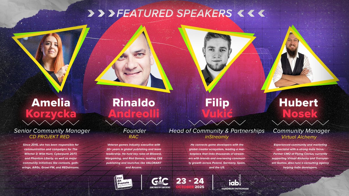 New speakers detected! ⚡

The CTRL + ALT + PROMOTE - Games Marketing Summit continues to grow, and our next four speakers bring community, communication, and publishing expertise from every side of the industry:

🎤 Amelia Korzycka (<a href="/CDPROJEKTRED/">CD PROJEKT RED</a>) - Senior Community Manager