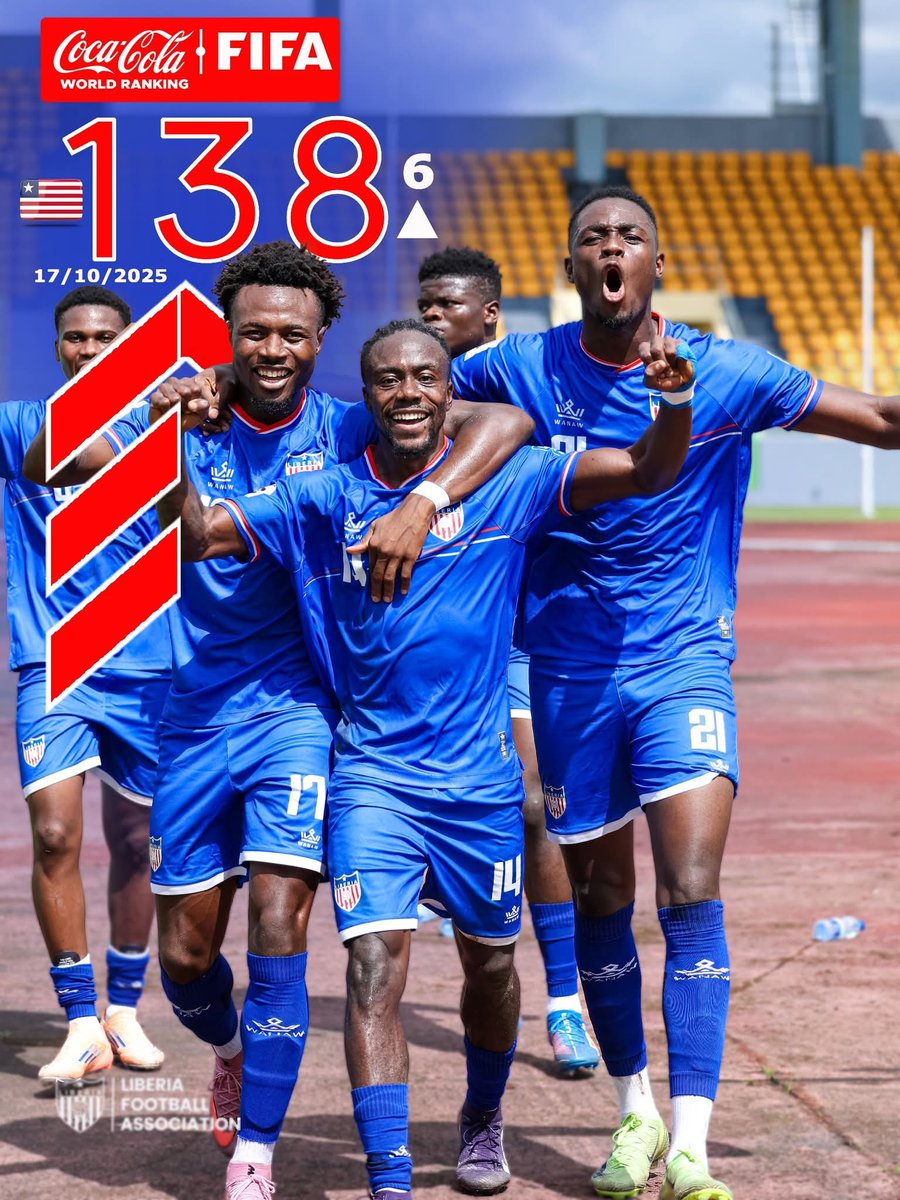 OutsidePlayers's tweet photo. The Lone Star🇱🇷 moved up six places to 138th in the October FIFA/Coca-Cola Men's World Ranking following a win against Namibia and a draw with Equatorial Guinea during the October international window.

#Liberia #football #lonestar https://t.co/OTwf86XSnp