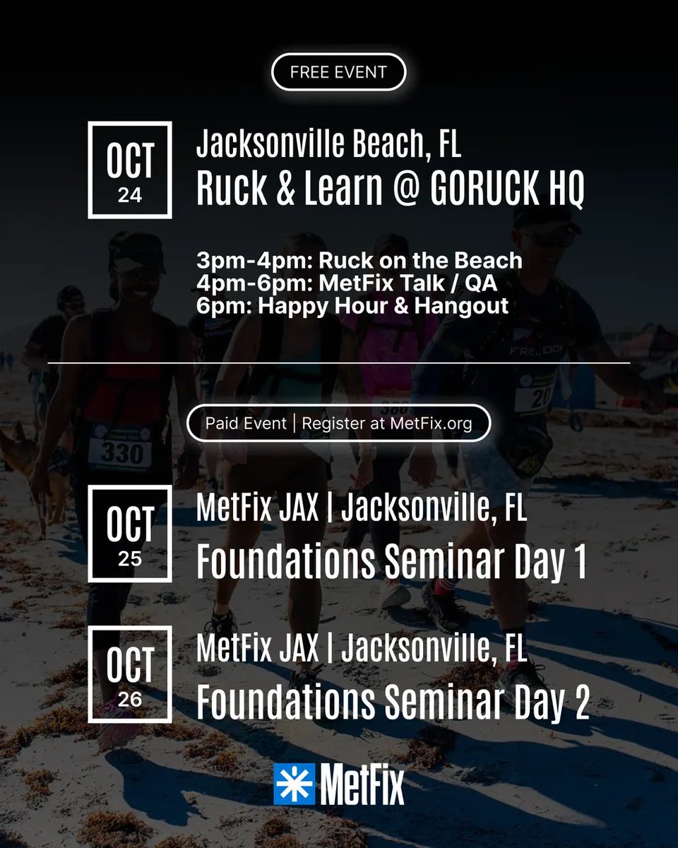MetFixByBSI's tweet photo. This is for anyone — whether you’re a gym owner, ruck club leader, trainer, or simply curious about how fitness, education, and service can strengthen your community.
3pm-4pm: Ruck on the Beach
4pm-6pm: MetFix Talk / Q&amp;A
6pm: Happy Hour &amp; Hangout
https://t.co/hOpnLw9w8w to reg https://t.co/zr3TF5MKbb