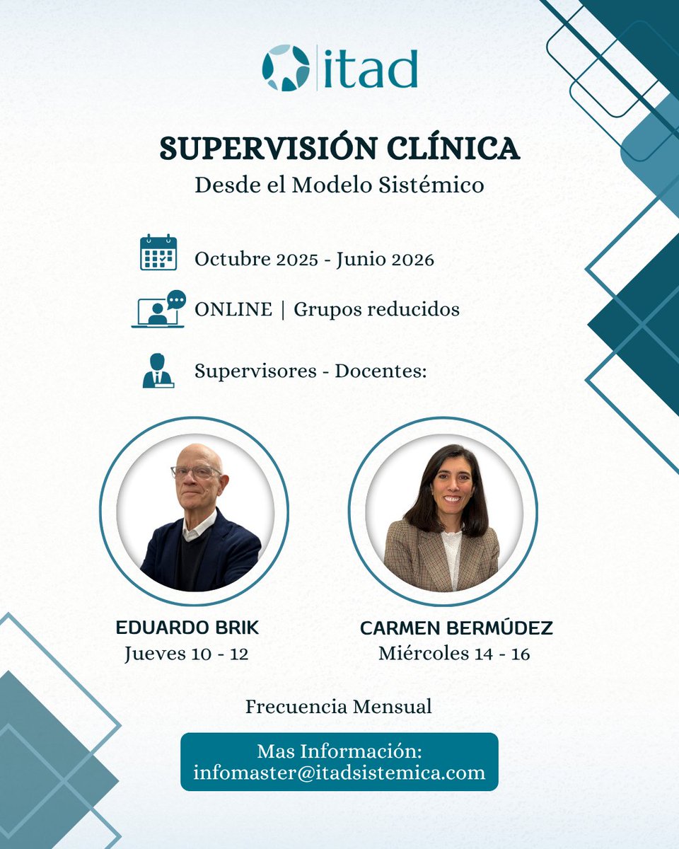 itad20's tweet photo. 🎓 ¿Eres psicoterapeuta y buscas un espacio profesional para supervisar tus casos clínicos?

Grupos de supervisión online con Eduardo Brik y Carmen Bermúdez 🧠✨

📩 Escríbenos a infomaster@itadsistemica.com para más info

#SupervisiónClínica #ITAD https://t.co/XWEzePCDB2