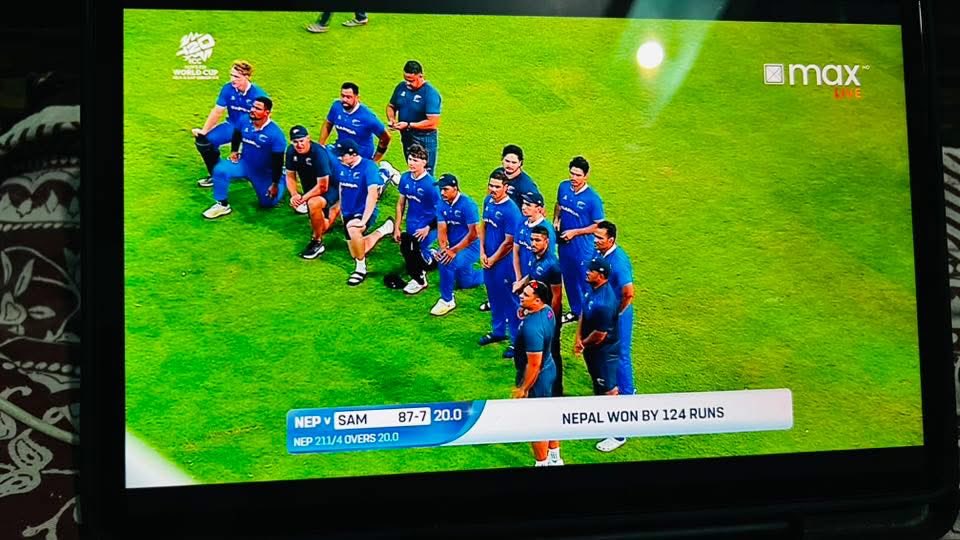 Shiva Wagle (@aseemshiva78) on Twitter photo Samoa cricket team expressing gratitude to Nepali fans after the match, even though Nepal won by a huge margin.
The players are standing and kneeling together, possibly clapping or posing as a gesture of sportsmanship and respect toward the Nepali supporters in the stands Samoa cricket team expressing gratitude to Nepali fans after the match, even though Nepal won by a huge margin.
The players are standing and kneeling together, possibly clapping or posing as a gesture of sportsmanship and respect toward the Nepali supporters in the stands