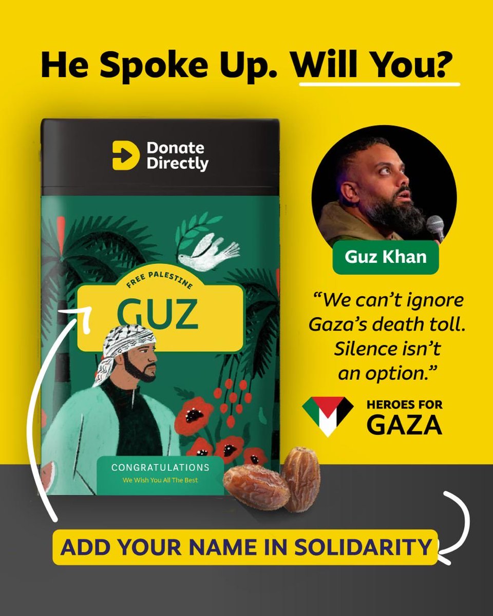 Donate_Directly's tweet image. Guz Khan spoke up. Will you? ✊🇵🇸

Your Name on a Palestine Dates Tin.
Make it personal. Show your support.

This isn’t just dates, it’s solidarity, it’s resistance, it’s your stand.

👉 Pre-order now. Limited tins.
Shop.donatedirectly.com/collections/da…