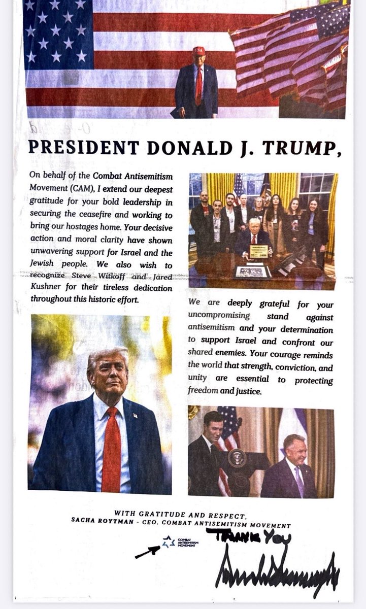 SachaRoytman's tweet image. I’m excited to share a special moment for @CombatASemitism — President Trump @realDonaldTrump personally responded to our appreciation note in The Jerusalem Post, thanking us for it.