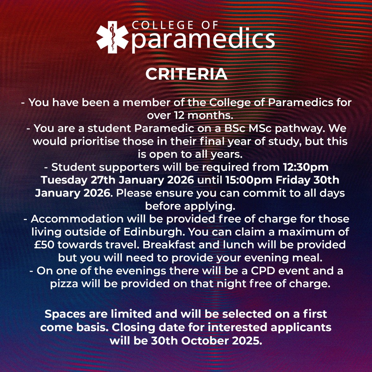 🚨 Student Paramedic Opportunity!

The College of Paramedics &amp; RCSEd are offering limited places for student members to support the Diploma in Immediate Care Exam.

📧 Interested? Send an expression of interest to carl.smith@collegeofparamedics.co.uk

📅 Apply by 30th Oct 2025
