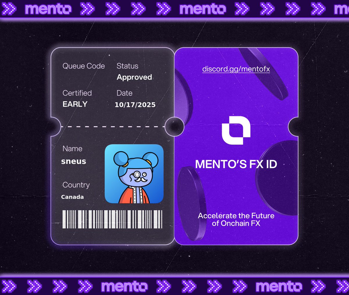 Licensed to trade the internet’s FX layer. 

Claimed my FX ID on discord.gg/mentofx 

 every currency, onchain with <a href="/MentoLabs/">Mento (fx/acc)</a>
