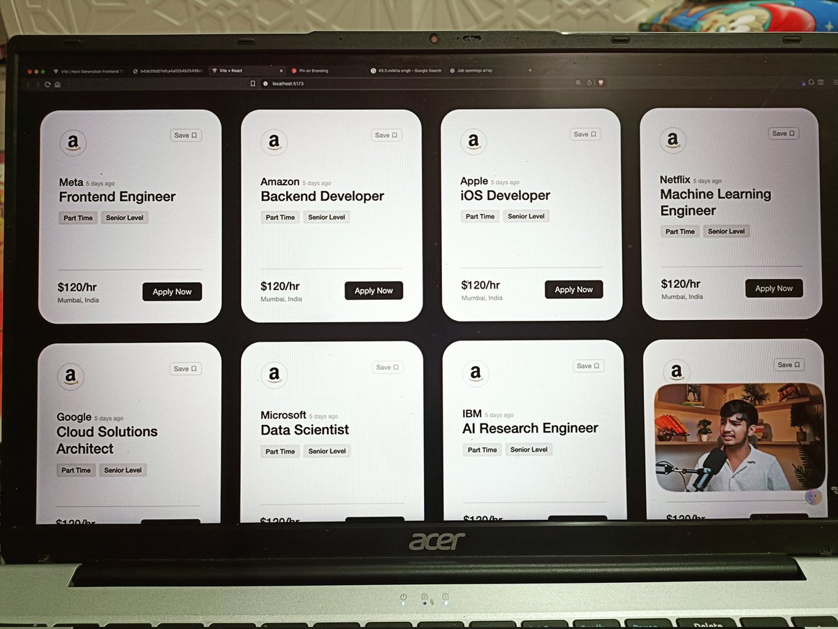 Diya_meghani's tweet image. Mini Project using props | Job Cards UI using (React + Tailwind)
inspired by a Pinterest design- a practice project from @sheryians_ React.js full course by @sarthacksharma
Got so much clarity in React after this course totally worth watching it.
#ReactJS #LearningInPublic