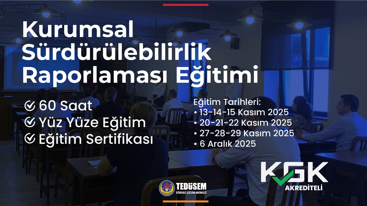 KGK tarafından Akredite Kurumsal Sürdürülebilirlik Raporlaması Eğitimi hakkında detaylı bilgi ve ön başvuru için web sitemizi ziyaret edebilirsiniz. 
📞0538 035 88 71
🔗sem.tedu.edu.tr 
#sürdürülebilirlik 
#raporlama
#kurumsalsürdürülebilirlik 
#akrediteeğitim