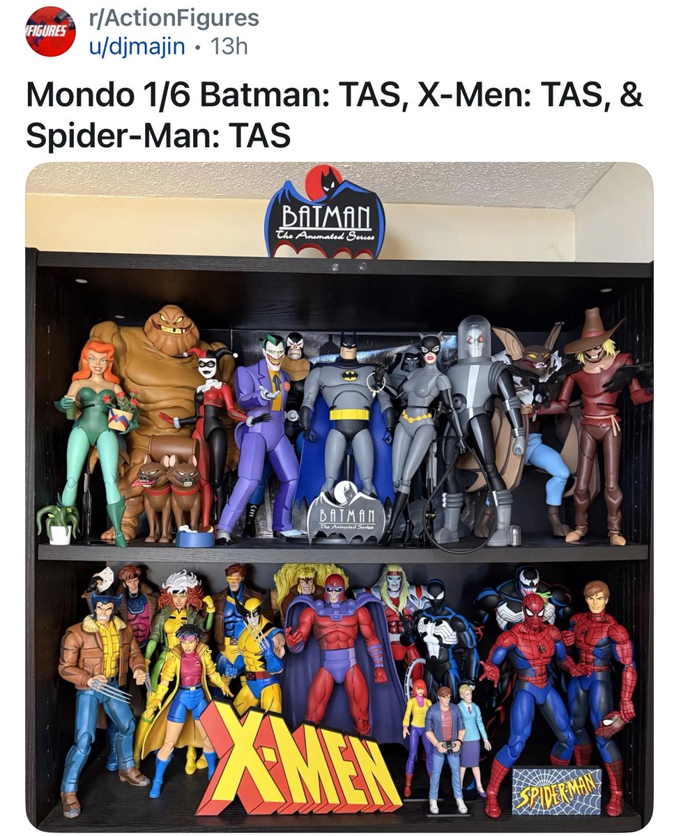 Excellent collection of the Mondo 1/6 scale figures. 

Very expensive tribute to ‘90s Marvel &amp; DC Saturday Morning Cartoons! 

Shared via Reddit.