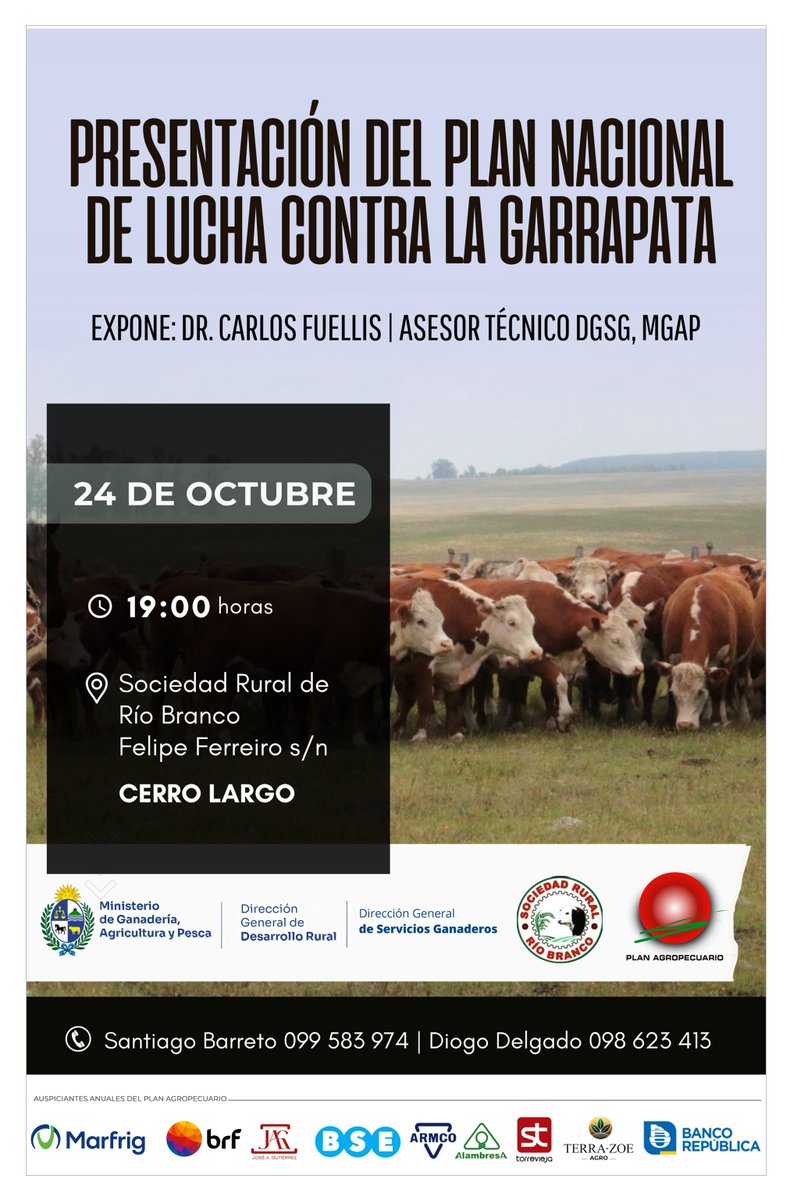 PlanAgro's tweet photo. ¡Próximo #viernes!
🗓️24/10⏰19hs📍Cerro Largo
✔️Presentación del Plan Nacional de Lucha contra la Garrapata
🗣️Dr. Carlos Fuellis #DGSG
📌Sociedad Rural de Río Branco
¡Te esperamos!
@MGAPUruguay #DGDR #SRRB #PlanAgro https://t.co/rgyzZG1jpd