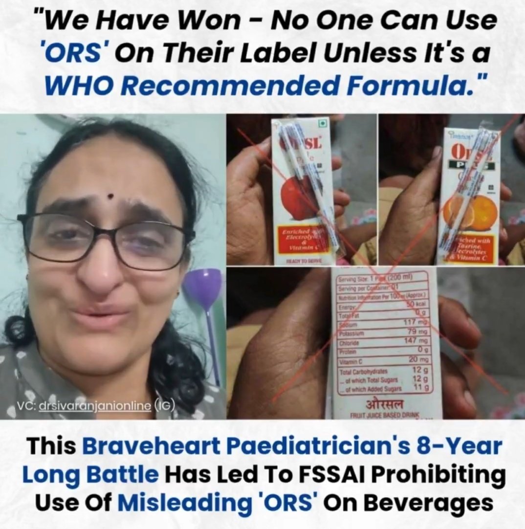 prarit_v's tweet photo. A: Why’s she all over the news?
B: She spent 8 years in court just to stop companies from calling random drinks “ORS.”
A: That’s insane.
B: Yep. Something that could cause dehydration, deterioration of health, even death. 8 years for common sense. https://t.co/ojLR6EJZoT