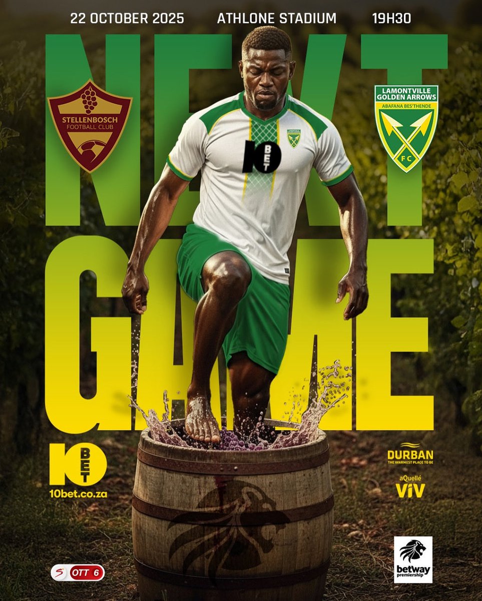goldenarrowsfc1's tweet photo. 🚨 UPCOMING GAME 🚨 

🏟️ Athlone Stadium 
📅 Wed 22 Oct 2025
⏰ 19:30
🆚 @StellenboschFC 
📺 OTT6 

#10betgoldenarrows #sthendeway #greenandgold #upbackthroughpodcast https://t.co/4dsLnT3uem