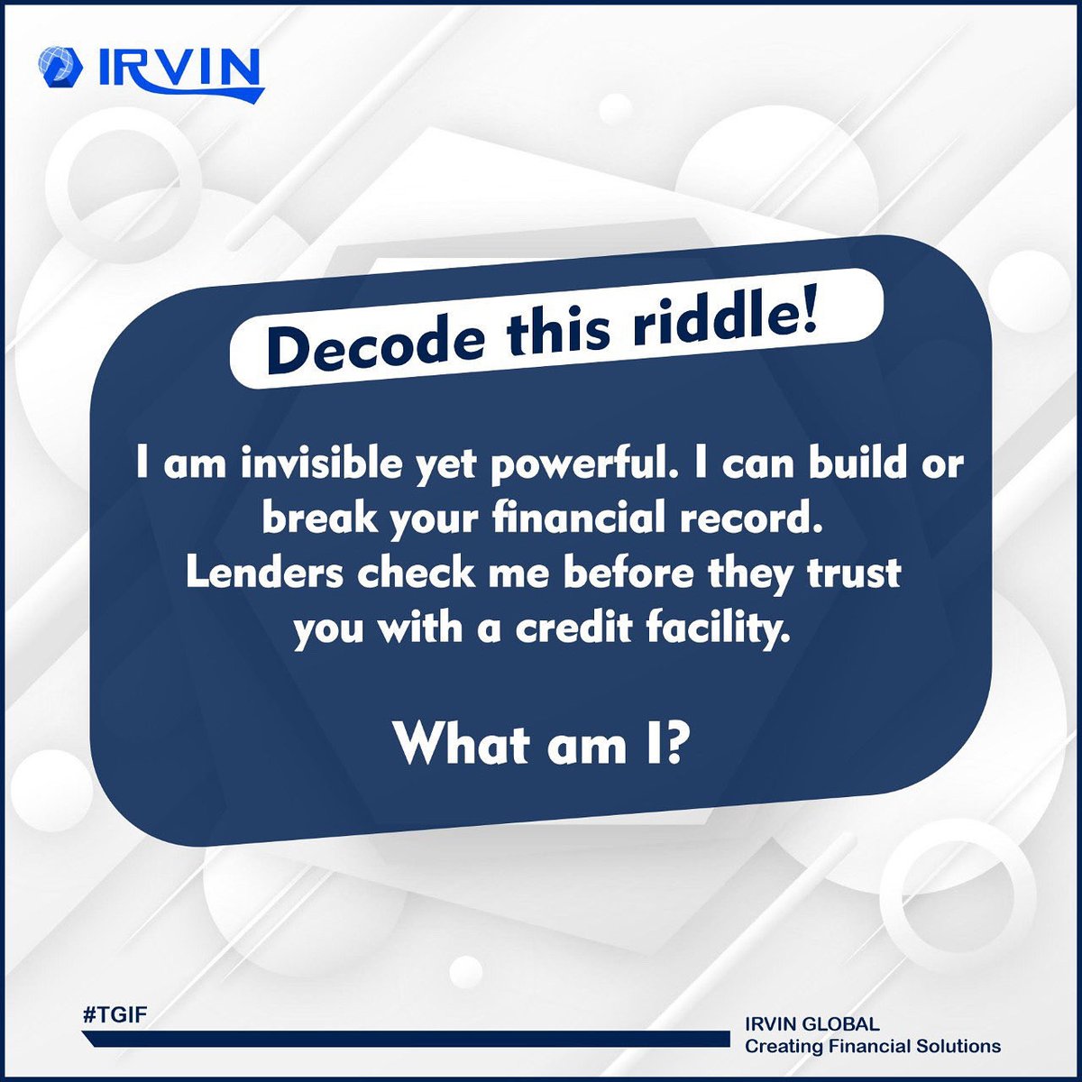 irvinglobal's tweet photo. Before any credit facility is approved, lenders look beyond your documents.
They want to see the record that reveals how you truly manage money.
Think you know what it is? Drop your answer below π
#irvinglobal #creditfacility #financialgrowth https://t.co/bXxVZz7sH8