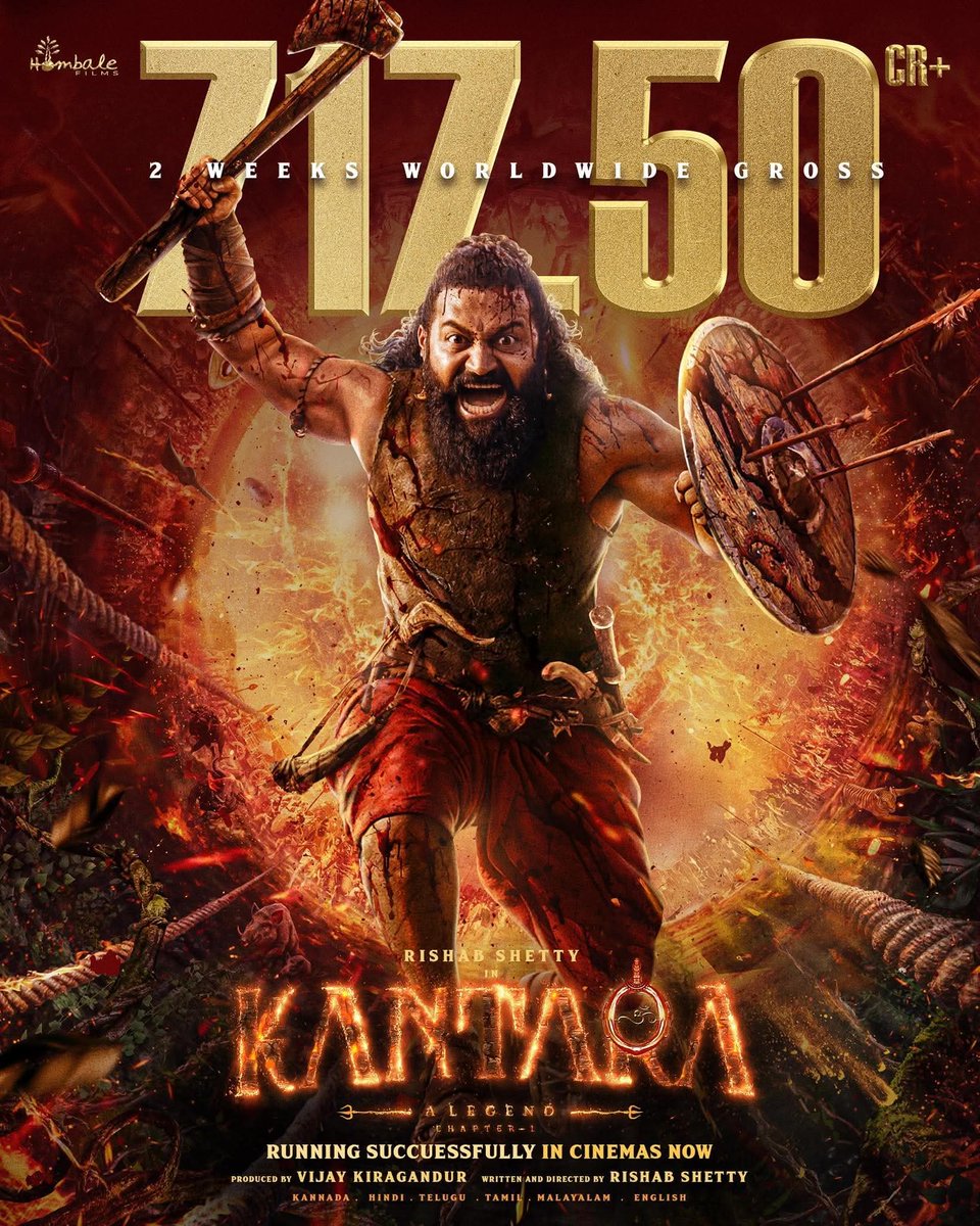 #KantaraChapter1 creates a divine storm at the box office 💥💥, earning over 717.50 crores in worldwide global box office collections within two weeks. Deepavali celebrations can be made special with Blockbuster Kantara, running successfully in cinemas near you! ❤️‍🔥