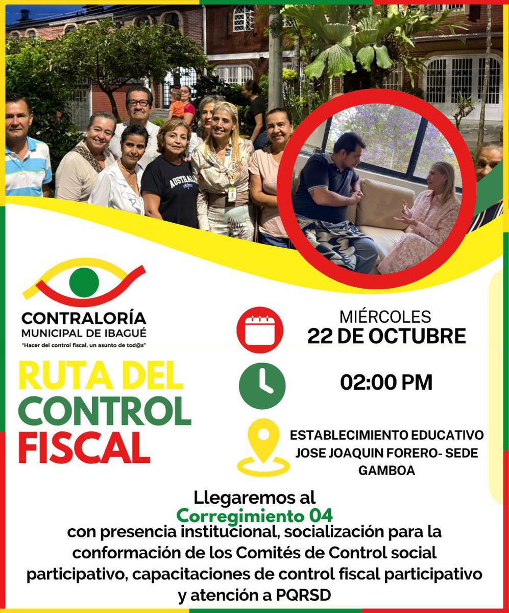 🔊¡Atención, Corregimiento 4! 

La Contraloría Municipal de Ibagué invita a la comunidad del corregimiento 04 a participar en La Ruta del Control Fiscal, una estrategia que acerca la entidad a los territorios y promueve la participación ciudadana.