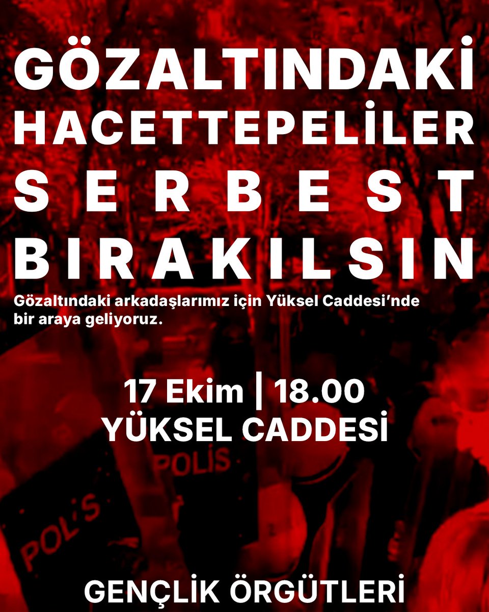 DGDAnkara's tweet image. Hacettepe Üniversitesi'nde beslenme hakları için direnen ve işkenceyle gözaltına alınan arkadaşlarımız için Yüksel Caddesi'nde bir araya geliyoruz.
Gözaltındaki arkadaşlarımız derhal serbest bırakılsın!