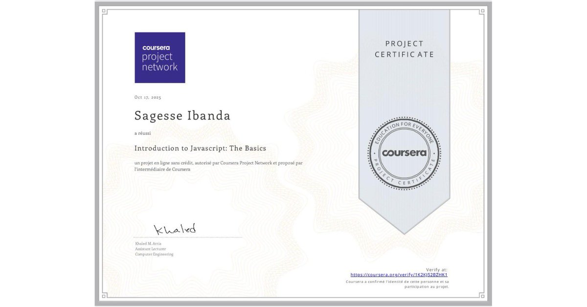IbandaSagesse3's tweet image. 🎓 J’ai terminé la formation “Introduction to JavaScript: The Basics” sur Coursera !
J’y ai découvert les notions de base : variables, opérations, conditions, boucles
C’est une initiation, un premier pas dans l’univers du code 💻
#certification #javascript #javascriptlearning