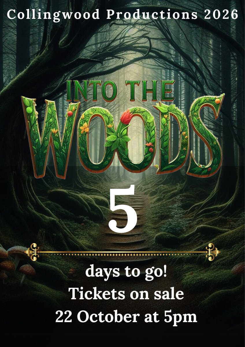 5 Days Until the Spell Is Cast…  The woods are calling 🌲✨ Don’t miss your chance to see Into the Woods 2026 – tickets on sale Wednesday 22 October at 5pm. 🎟️ ticketsource.co.uk/collingwood-co…
#IntoTheWoods2026 #5DaysToGo #MusicalTheatre #CollingwoodCountdown
