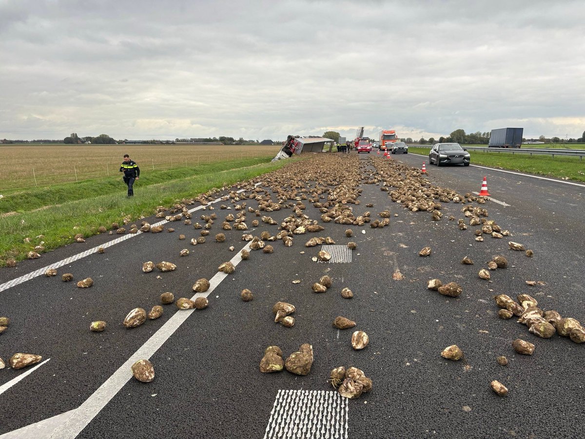 Vrachtwagen met suikerbieten in sloot op A59 bij Fijnaart