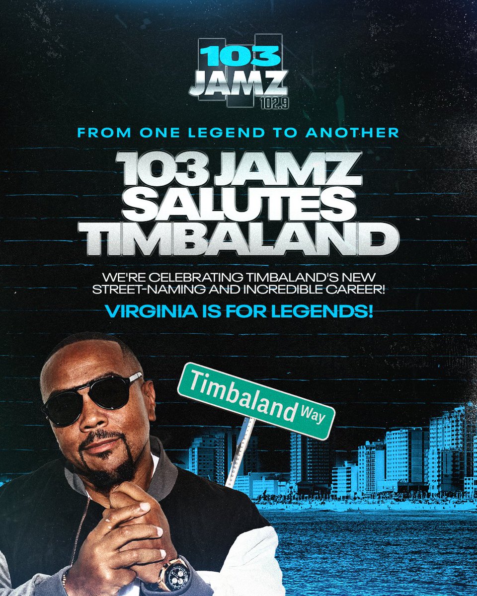 103JAMZRADIO's tweet image. The 757’s own @Timbaland is getting honored with a parade, street-naming, and key to the city this weekend, so congratulations to #Timbaland, one of the most influential music producers of our time! 

#103JAMZ
#iHeartRadio
#TimbalandWay
#VA
