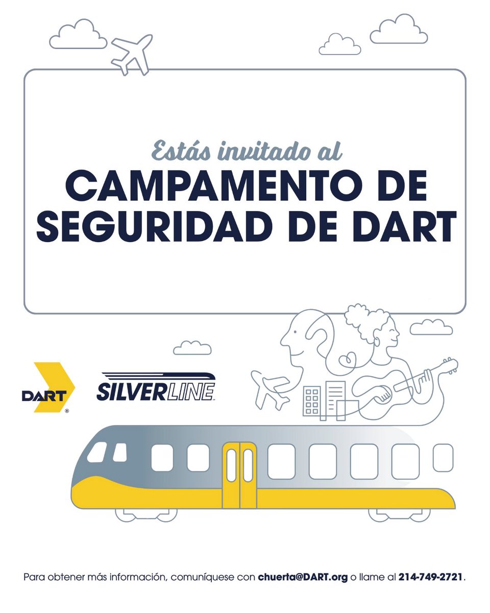 ¡Estudiantes y familias de CFBISD! ¿Quieren aprender a usar transporte público de forma segura y disfrutar de un viaje GRATIS en la nueva Silver Line de DART? 🚈

Cuándo: El personal de DART ofrecerá un campamento de seguridad GRATUITO entre las 12 y las 4 p.m., el domingo 26 de