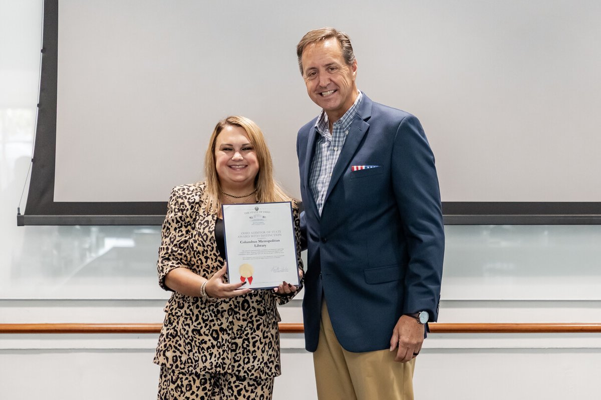 AOS Central Region Liaison Scott Brown presented the <a href="/columbuslibrary/">Columbus Library</a> (Abby Cover, Manager of Accounting &amp; Internal) with the Auditor of State Award with Distinction. Congrats! 🏆