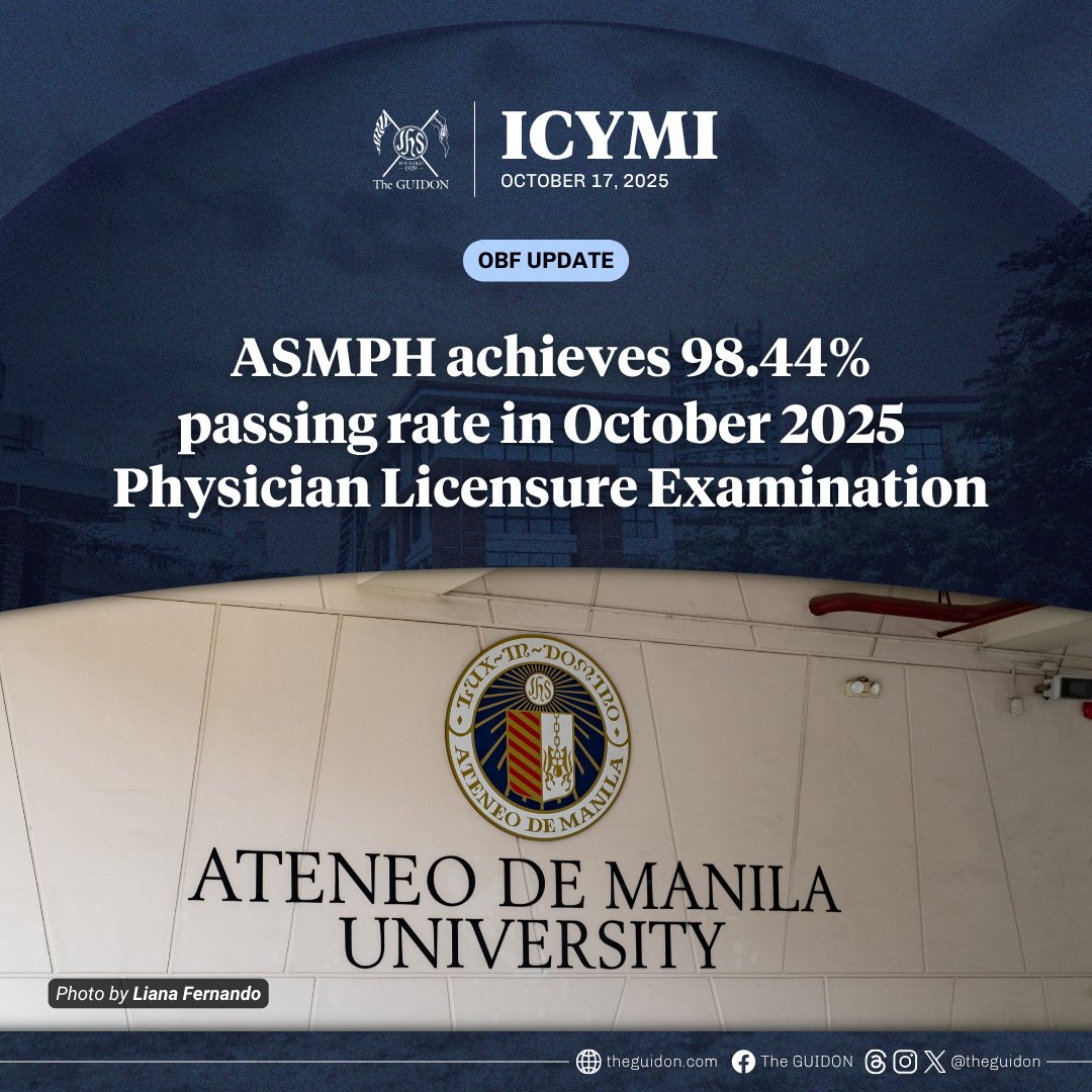 TheGUIDON's tweet image. OBF UPDATE: The Ateneo School of Medicine and Public Health (ASMPH) ranked third among top-performing schools with 100 or more examinees in the October 2025 Physician Licensure Examination, garnering an overall passing rate of 98.44%.
All first-time examinees from ASMPH Batch…