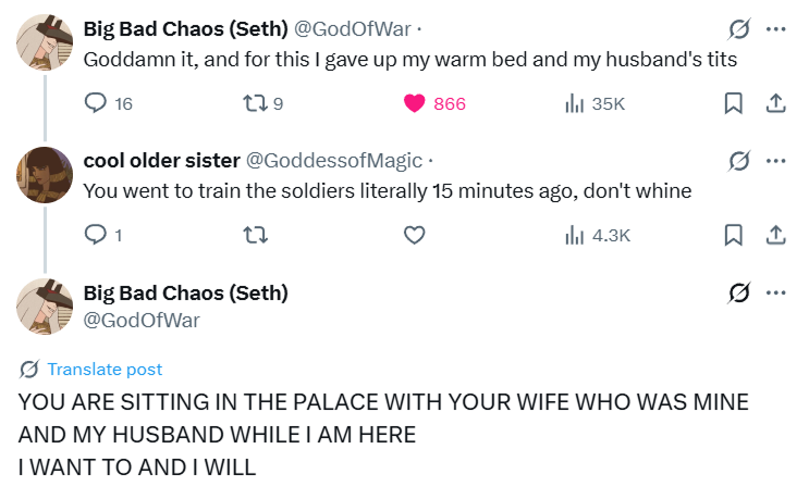 i just saw a funny tweet from a soldier in my timeline and thought it sounded sooo much like Seth
who knows, maybe it will become a lil family twt au over time🤔

#ENNEAD #Horuseth