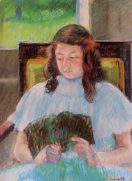 "Young Girl Reading" (Jeune fille lisant), is a pastel portrait by the American artist Mary Cassatt, born in 1844 and deceased in 1926. This artwork, painted in 1908, belongs to a private collection. This artist, who embedded her work within the Impressionist movement, excelled