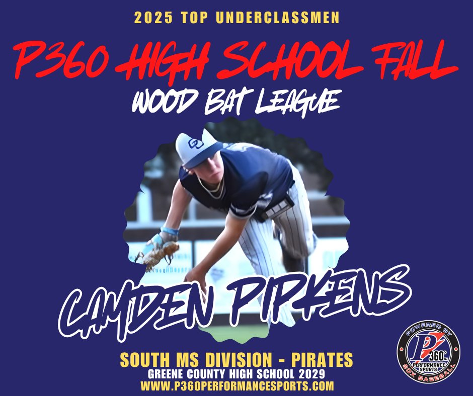 P360 Performance Sports is excited to announce your 2025 High School Fall Wood Bat League Award Winners! 

First up, your 2025 South MS Division "TOP UNDERCLASSMEN" is Camden Pipkins! 
<a href="/CamdenPip2/">Camden Pipkins</a> 

Greene County, '29

Congrats Camden on a great fall and best of luck next spring!