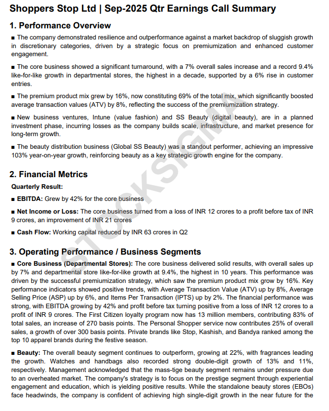 myAlerts_in's tweet image. #SHOPERSTOP #SHOPERSTOPQ2 Shoppers Stop Ltd Q2FY26 Earnings Concall Summary