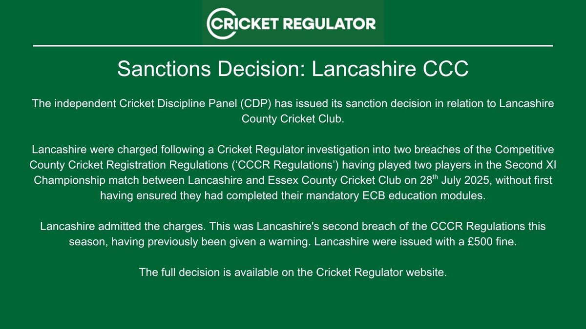 Sanctions decision - Lancashire CCC

➡️cricketregulator.co.uk/news/4384108