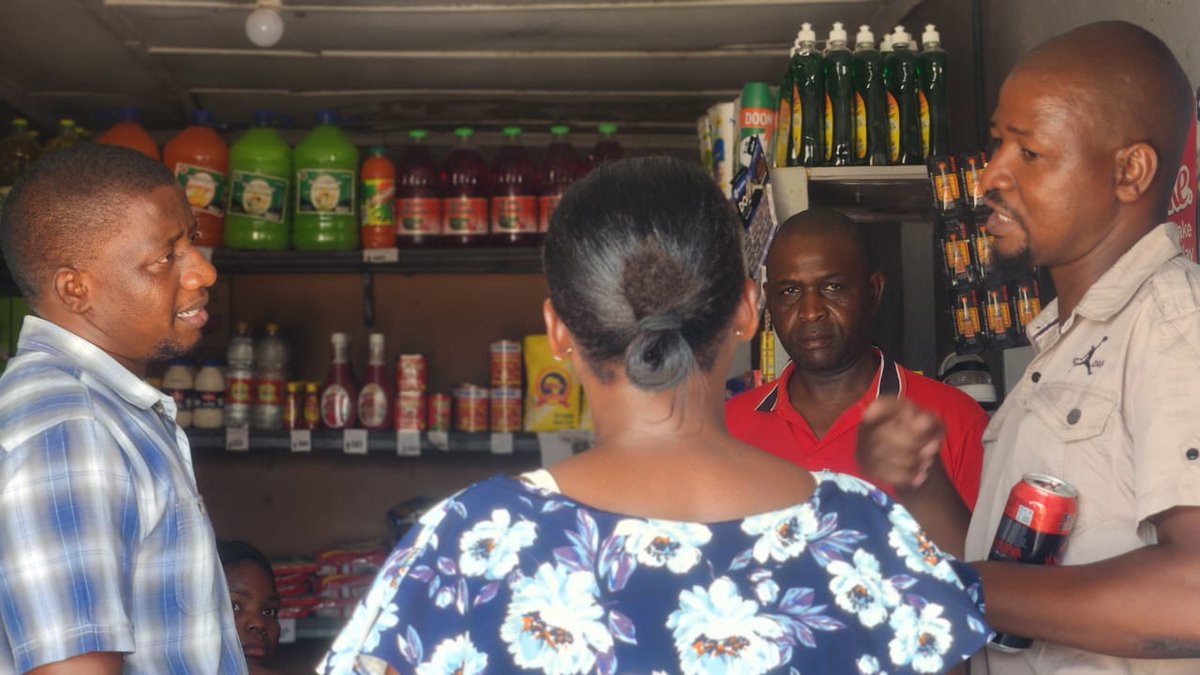 hwangetown's tweet image. HLB's Finance Director, Mr Wetani Munkuli, accompanied by Ward 10 Cllr Samuel Tshuma, conducted a door-to-door 2026 Budget Consultation exercise with shop owners in Sinderella. The engagement aimed to sensitise business operators on licensing matters, among other key issues.