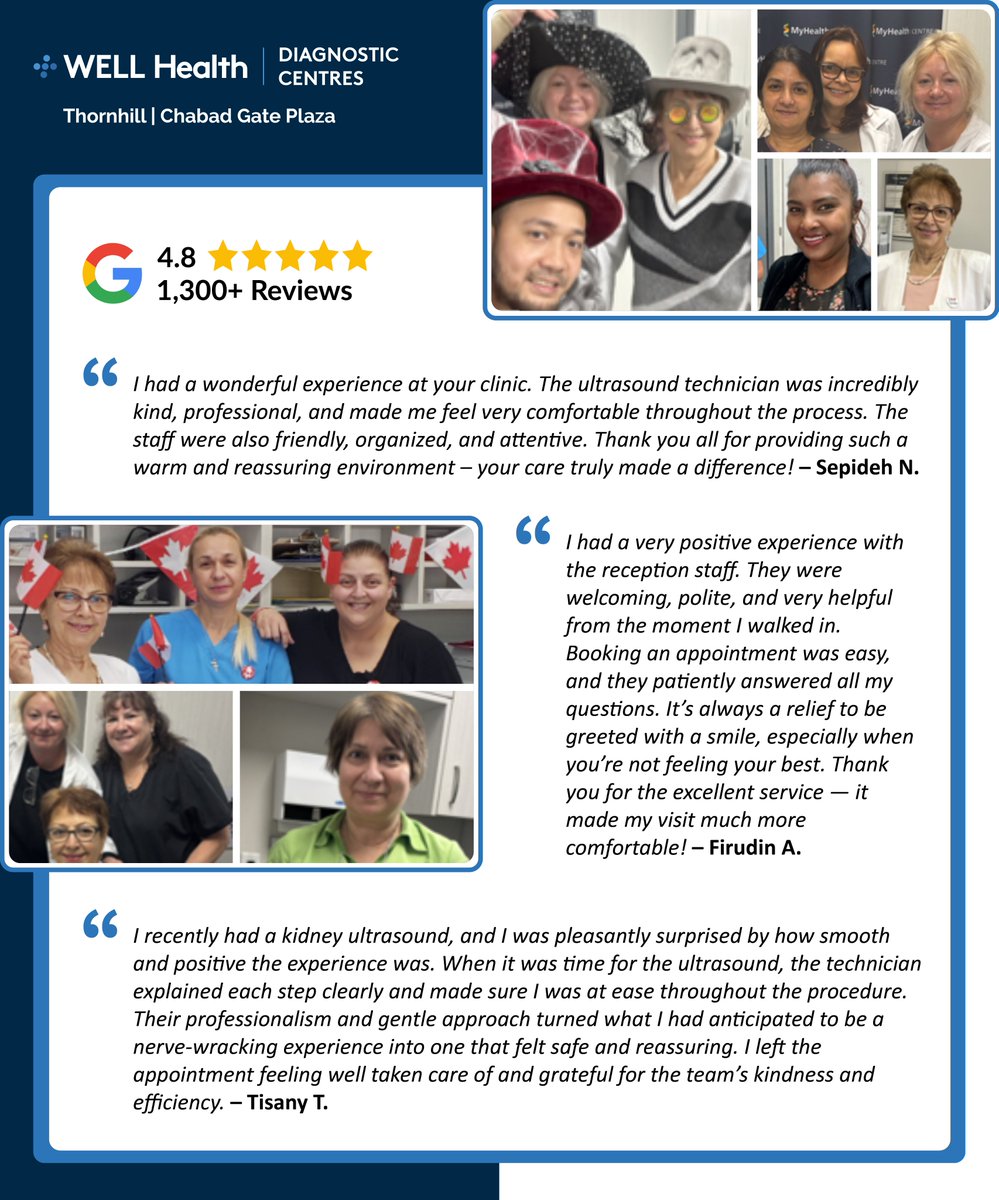 welldiagnostics's tweet image. This week we’re featuring our accredited diagnostic centre in Thornhill at 7241 Bathurst St., where we provide OHIP-covered ultrasound, X-ray &amp;amp; bone density services. Led by Diane Byrne &amp;amp; Samantha Hoole, their team has earned a 4.8 Google star rating from  1,300+ patient reviews!