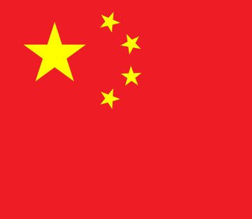 First image displays the national flag of China with a large yellow star in the upper left corner and four smaller yellow stars arranged in an arc to its right on a solid red background. Second image shows a large rectangular phased array radar antenna covered in a grid of small elements mounted on top of a green military truck with six wheels and a camouflage-patterned uniform visible in the foreground on a paved outdoor area.