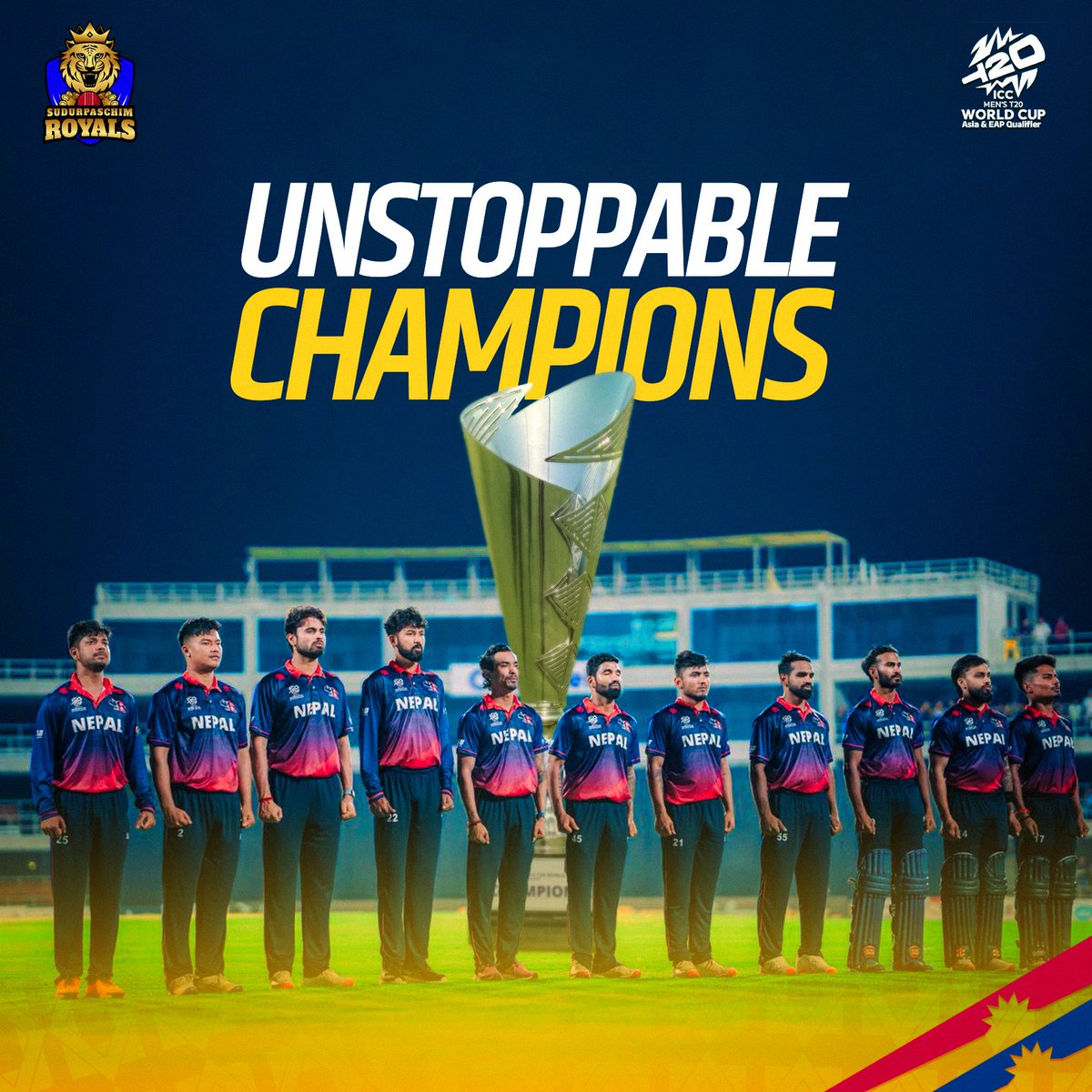 Suparoyals's tweet image. 𝐔𝐧𝐬𝐭𝐨𝐩𝐩𝐚𝐛𝐥𝐞. 𝐔𝐧𝐛𝐞𝐚𝐭𝐞𝐧. 𝐔𝐧𝐛𝐫𝐨𝐤𝐞𝐧.

Next Destination: India &amp;amp; Sri Lanka — where the world awaits🌏🏆

#T20WorldCup #Qualifiers #SudurpaschimRoyals #Suparoyals #SBLNPL2