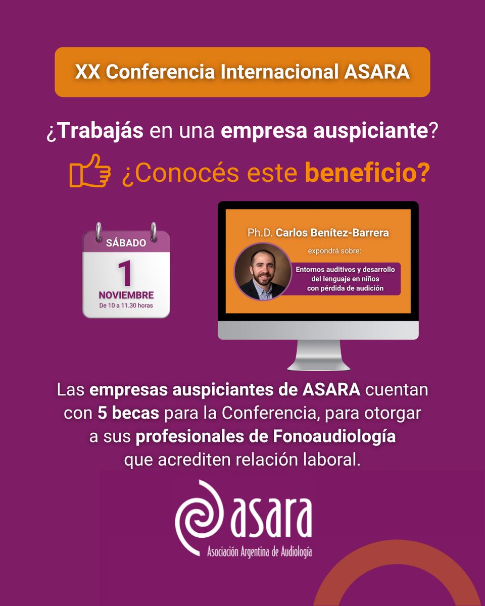 ✅ ¿Trabajás en una empresa auspiciante de ASARA?
👉 ¿Conocés este beneficio?

👂 XX Conferencia Internacional ASARA: Entornos auditivos y desarrollo del lenguaje en niños con pérdida de audición

📝 Inscribite acá:  bit.ly/4o2Weo3
¡Antes del 24/10!

🙌 ¡Te esperamos!