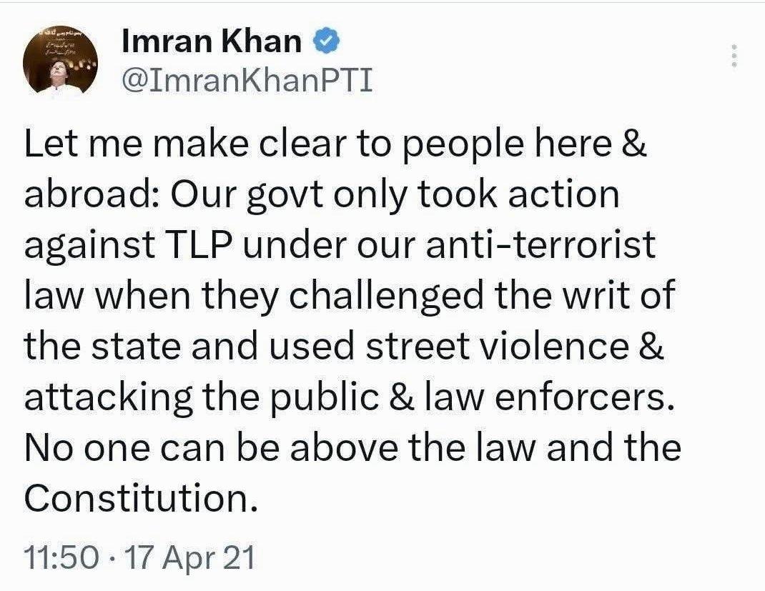 ITTEFAQ26554448's tweet photo. @SHABAZGIL ان کے جھانسے میں نہ آنا PTI ٹی ایل پیTLP کو 2021 میں دہشت گرد جماعت کلئیر کر چکی https://t.co/H9eNCIeBQD