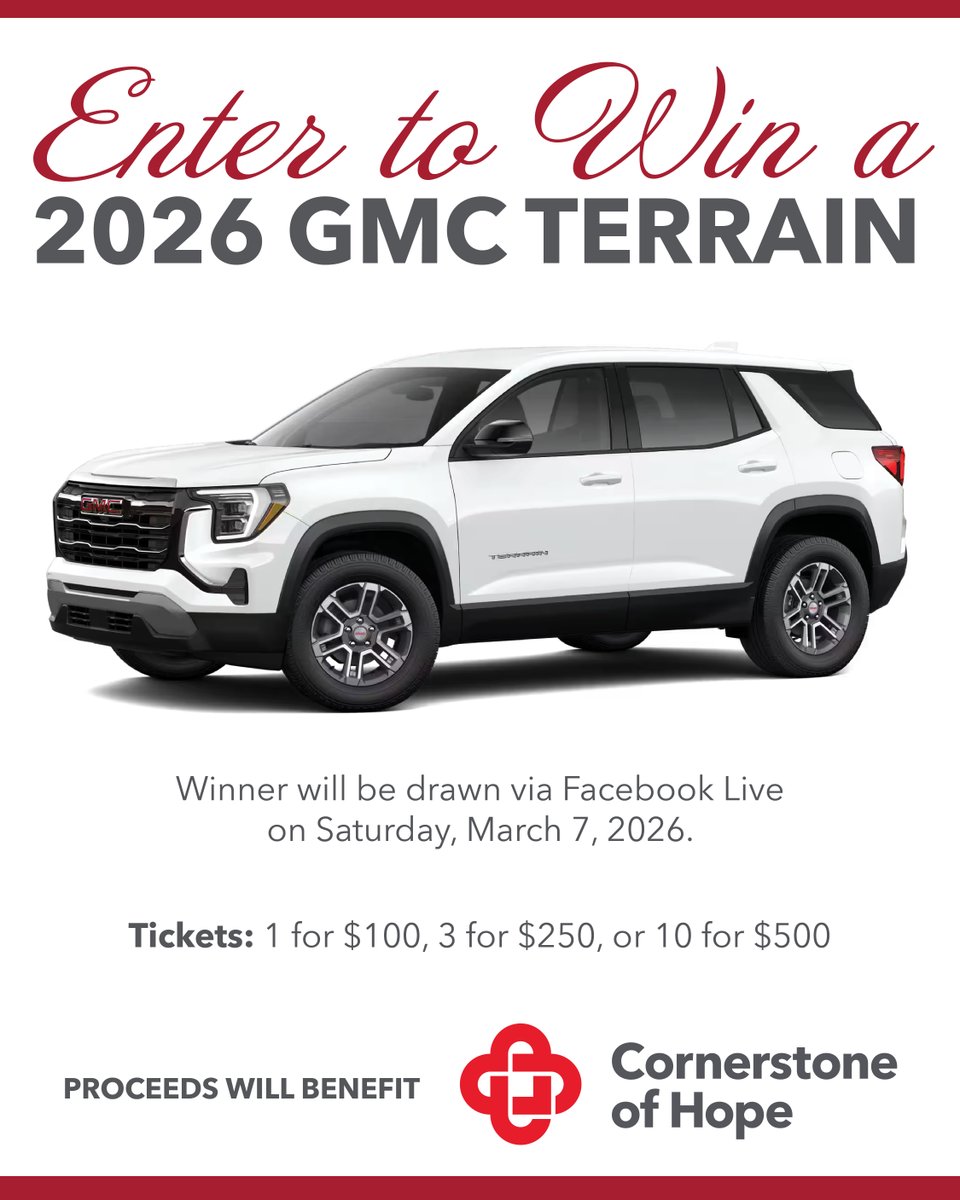 Cornerstone of Hope is raffling off a brand-new 2026 GMC Terrain at our Annual Benefit Gala on Saturday, March 7, 2026 at Hotel Cleveland. The winner will be drawn live on Facebook.

Ticket sales close Thursday, March 5 at noon.

Purchase tickets here:  e.givesmart.com/events/KHg/