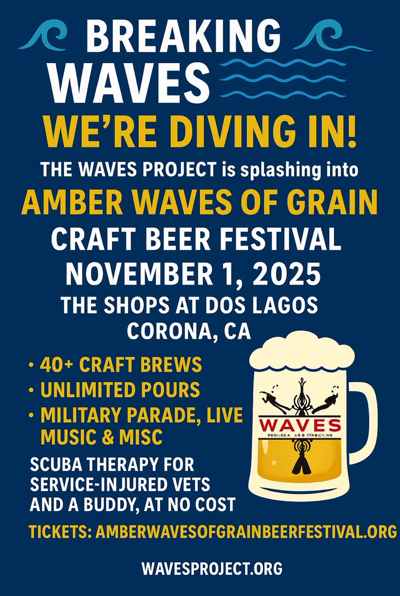 TheWAVESProject's tweet image. Nov 1, 2025: Amber Waves of Grain Craft Beer Fest at Dos Lagos, Corona, CA!  Support Vets with a military parade, 40+ microbreweries, food, &amp;amp; family fun. Meet WWII-today heroes, see historic vehicles, beer garden 12:00-4:30 PM. Join us! #Veterans #CraftBeer #Wavesproject