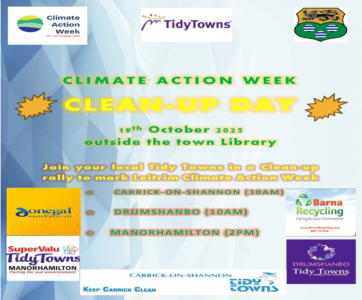 leitrimcoco's tweet photo. Climate Action Week 13th-19th October
Event: Clean Up Day
🗓️Date: Sunday 19th October
🌐Location: Outside town library in Carrick-on-Shannon, Drumshanbo &amp; Manorhamilton 
⏰Time: Carrick-on-Shannon &amp; Drumshanbo @ 10am Manorhamilton @ 2pm
#ClimateActionWeek #ClimateActionLeitrim https://t.co/ly4eTvqlTS