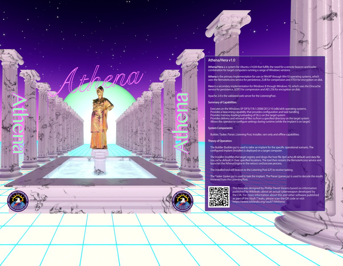 pixelform's tweet image. Open Vault: Vault7

Athena Box design for a CIA Cyber espionage tool.

phillipstearns.com/artwork#/open-…

#openvault #installationdesign #wikileaks #softwareboxdesign #softwarebox #phillipstearns