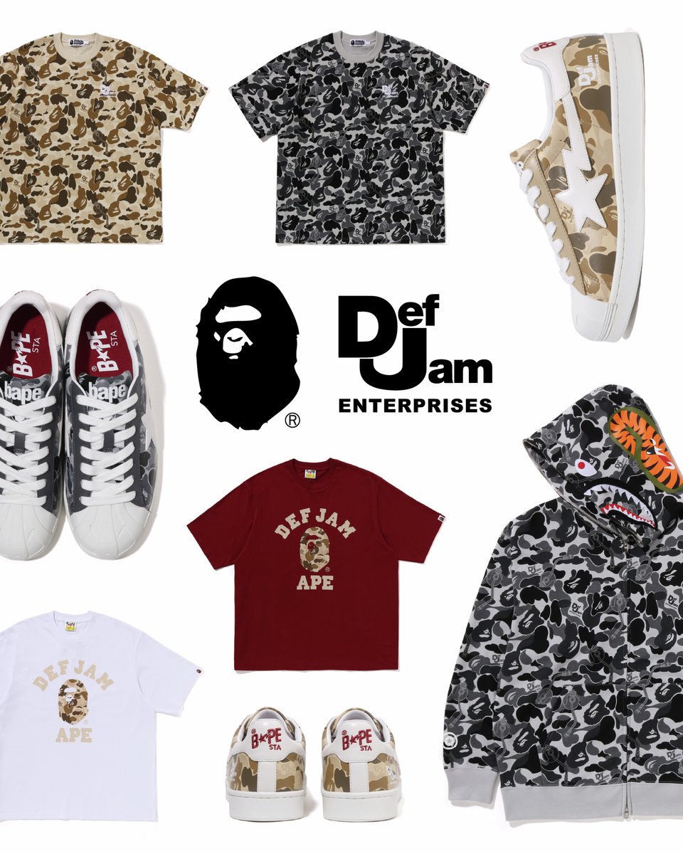 BAPEOFFICIAL's tweet photo. BAPE®︎ x Def Jam 

BAPE® and Def Jam Enterprise unite for a bold collection featuring a Shark Full Zip Hoodie, College Logo Tees, All-Over Print Tees, and SKULL STAs, a popular BAPE® sneaker model that was revived exclusively for this collaboration. 

Dropping Oct 18 at BAPE STORE® and https://t.co/IBXRBlilL2. 

#BAPExDEFJAM #BAPE #ABATHINGAPE